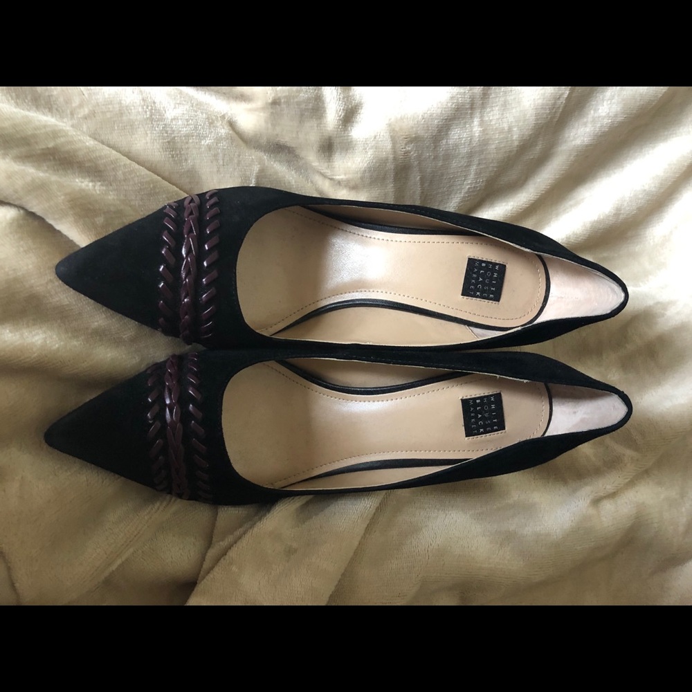 WHBM Black Suede Heels w/ Burgundy Stitching SZ 9